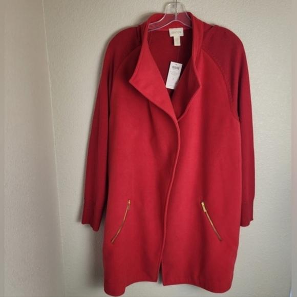 Chico's Open Drape Red Coat With Knitted Sleeves/Back Chico's Size 3 (XL) NWT - Picture 4 of 12
